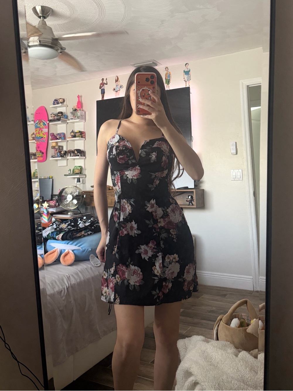 SHEIN Black Mini Dress with Pink Floral Print